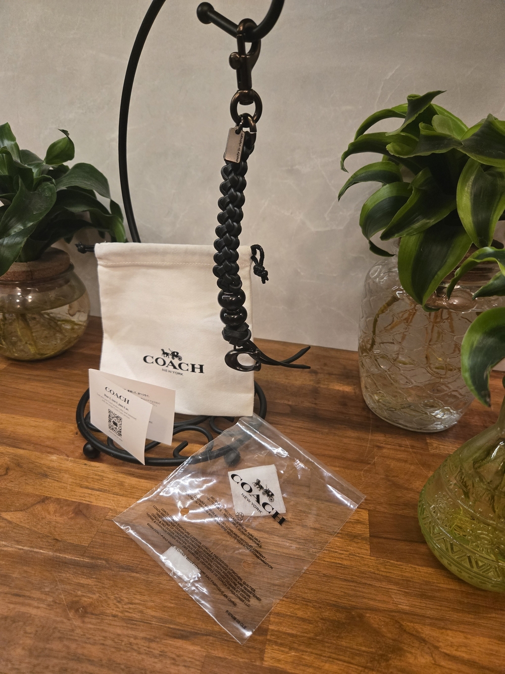 NEW Coach Black Braided Leather bag Charm Keychain with Dust Bag